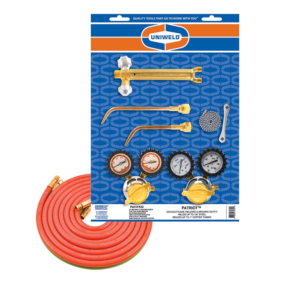 Made in USA - Oxygen/Acetylene Torch Kits; Type: Brazing & Welding Outfit ; Welding Capacity: 1/4 (Inch); Maximum Heating Capacity: 5600?F ; Contents: Welding Handle 71; Oxygen Regulator RO; Fuel Gas Regulator RMC2; Welding Brazing Tip TYPE17-0; TYPE17-2 - Exact Tooling
