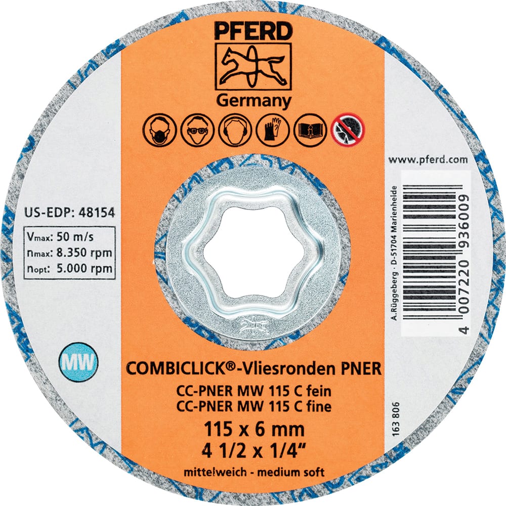 PFERD - Quick Change Discs; Disc Diameter (Inch): 4-1/2 ; Attaching System: COMBICLICK ; Abrasive Type: Non-Woven ; Abrasive Material: Silicon Carbide ; Grade: Fine ; Backing Material: Cloth - Exact Tooling