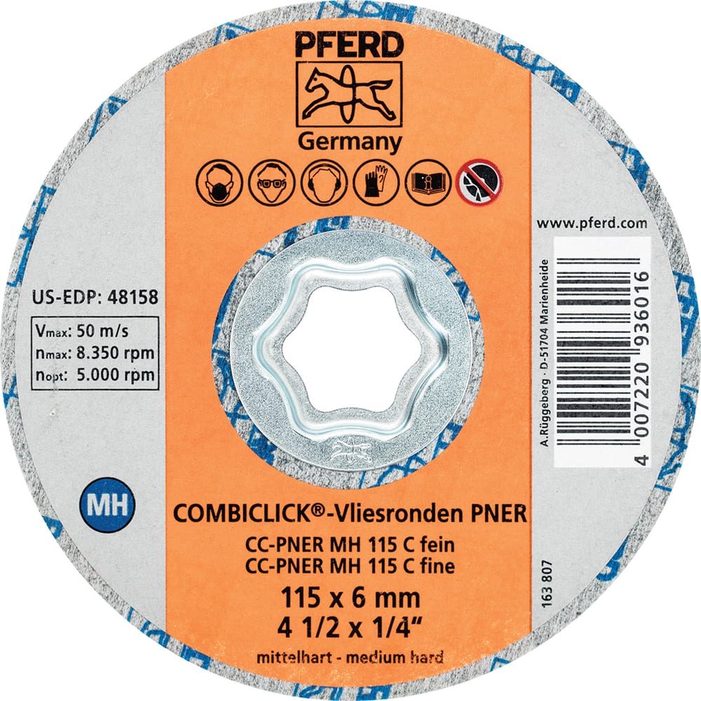 PFERD - Quick Change Discs; Disc Diameter (Inch): 4-1/2 ; Attaching System: COMBICLICK ; Abrasive Type: Non-Woven ; Abrasive Material: Silicon Carbide ; Grade: Fine ; Backing Material: Cloth - Exact Tooling