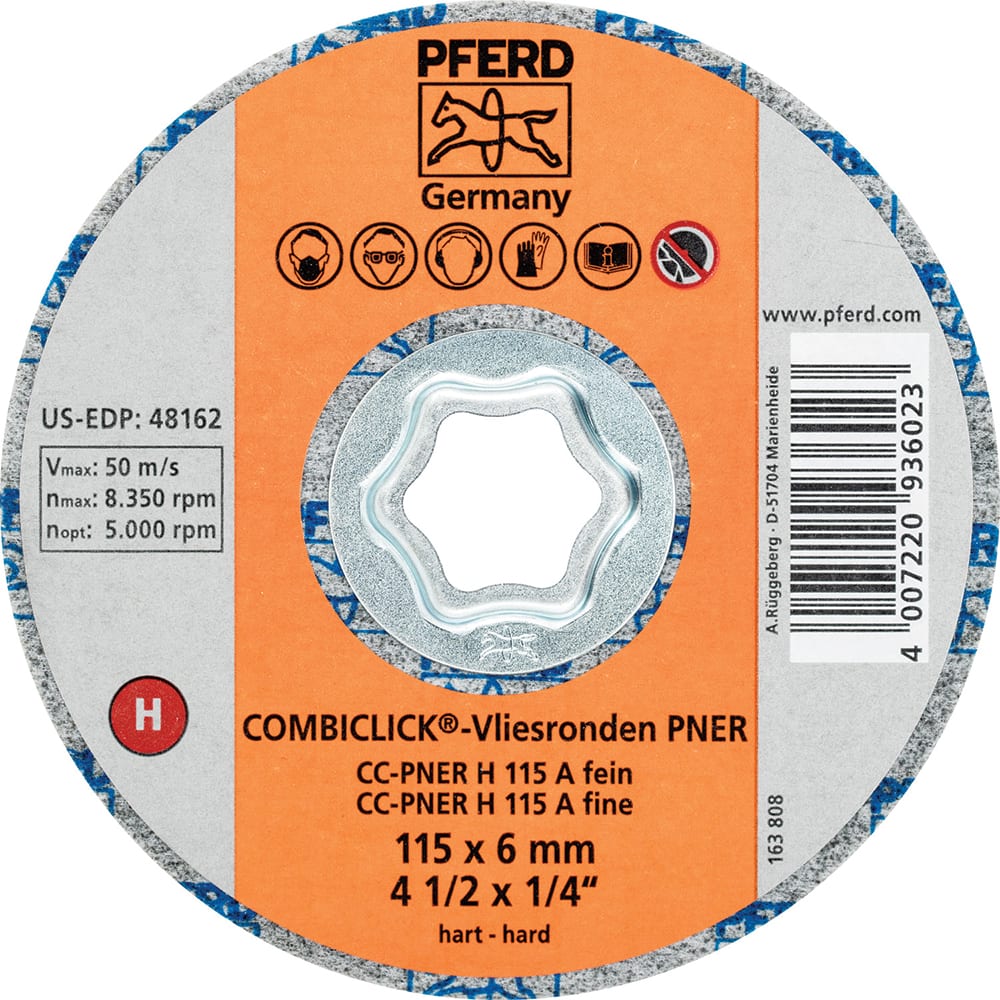 PFERD - Quick Change Discs; Disc Diameter (Inch): 4-1/2 ; Attaching System: COMBICLICK ; Abrasive Type: Non-Woven ; Abrasive Material: Aluminum Oxide ; Grade: Fine ; Backing Material: Cloth - Exact Tooling