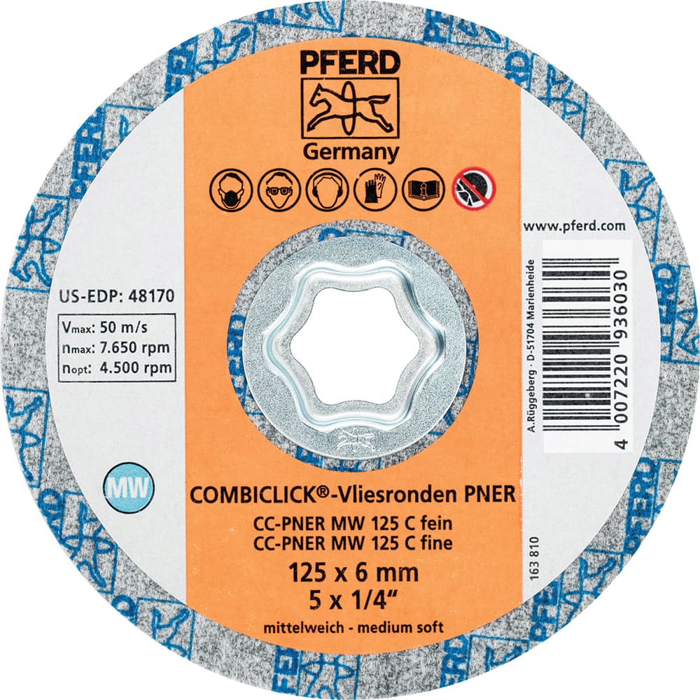 PFERD - Quick Change Discs; Disc Diameter (Inch): 5 ; Attaching System: COMBICLICK ; Abrasive Type: Non-Woven ; Abrasive Material: Silicon Carbide ; Grade: Fine ; Backing Material: Cloth - Exact Tooling