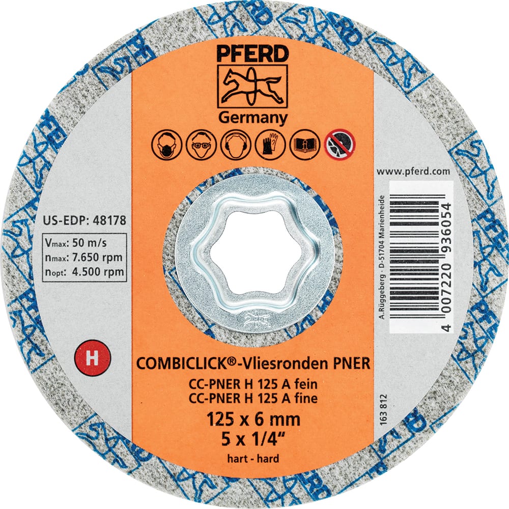 PFERD - Quick Change Discs; Disc Diameter (Inch): 5 ; Attaching System: COMBICLICK ; Abrasive Type: Non-Woven ; Abrasive Material: Aluminum Oxide ; Grade: Fine ; Backing Material: Cloth - Exact Tooling