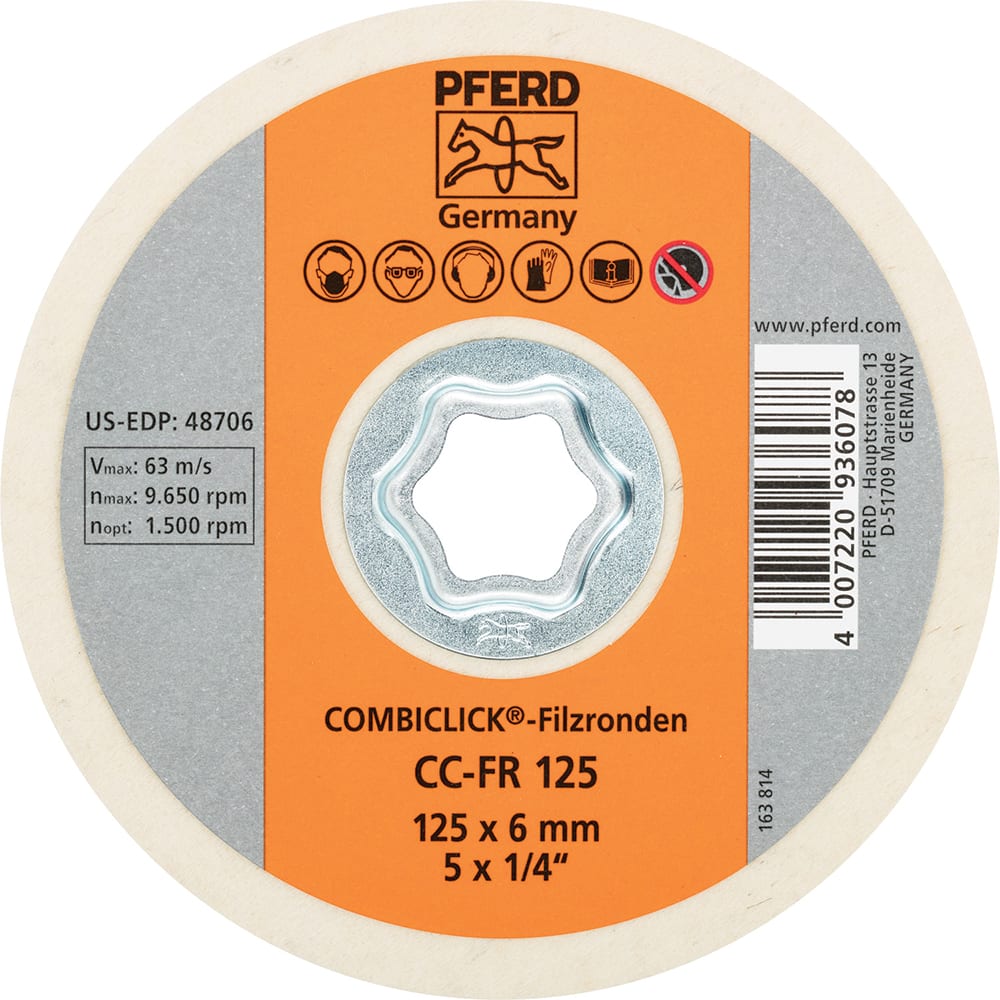 PFERD - Quick Change Discs; Disc Diameter (Inch): 5 ; Attaching System: COMBICLICK ; Abrasive Type: Non-Woven ; Abrasive Material: Felt ; Backing Material: Cloth ; Maximum RPM: 9650.000 - Exact Tooling