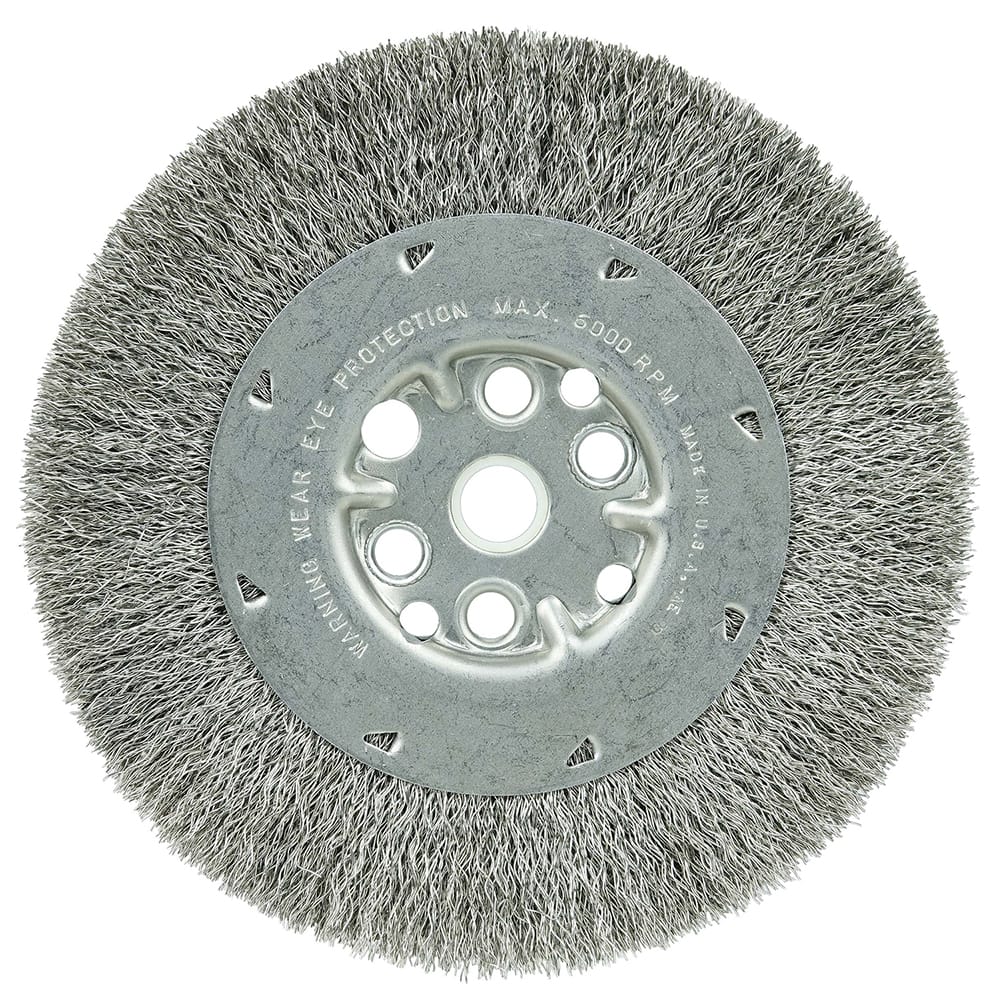 Weiler - Wheel Brushes; Outside Diameter (Inch): 6 ; Arbor Hole Thread Size: 5/8 ; Wire Type: Crimped Wire ; Fill Material: Stainless Steel ; Face Width (Inch): 3/4 ; Trim Length (Inch): 1-1/8 - Exact Tooling