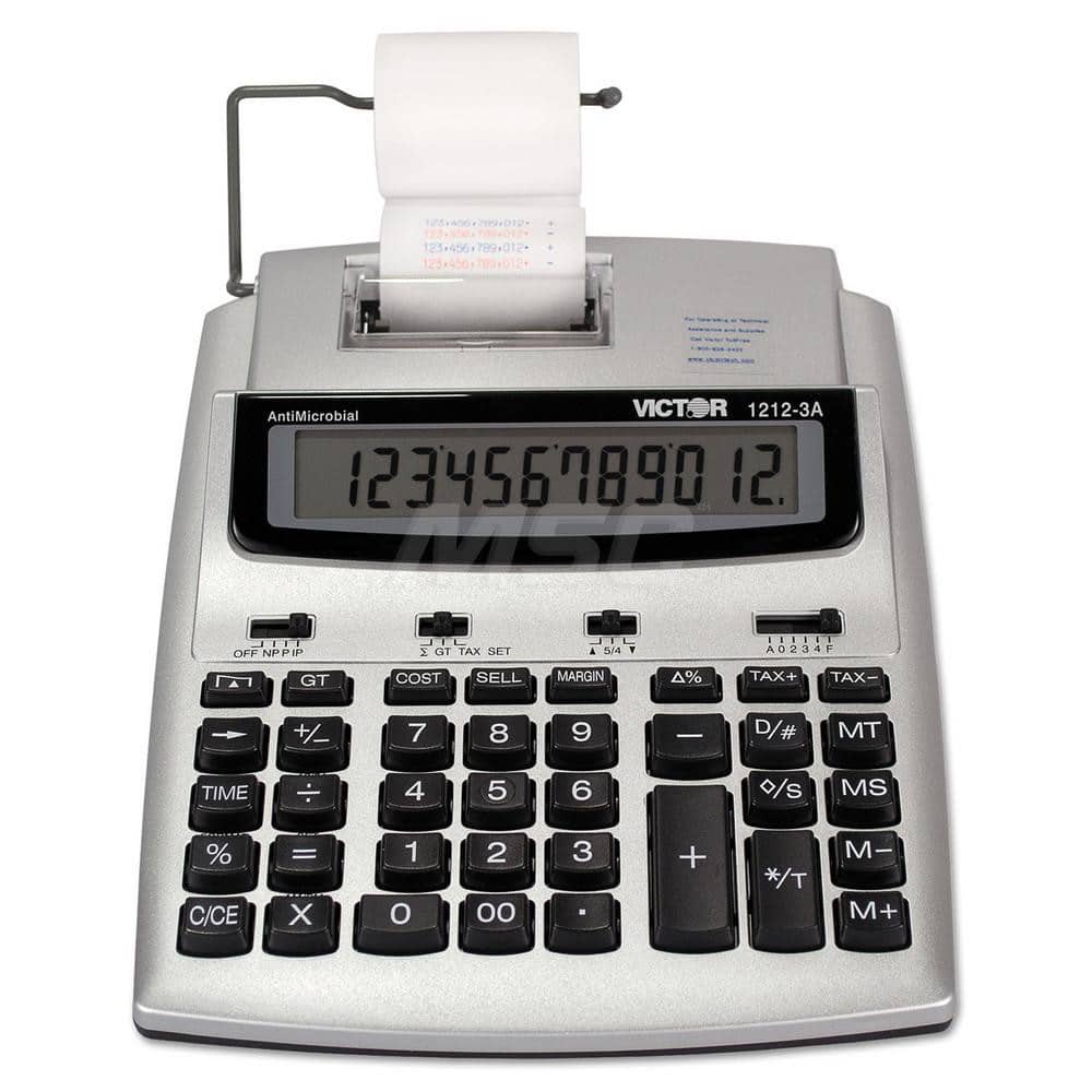 Victor - Calculators; Type: Printing Calculator ; Type of Power: AC/DC; 4 AA Batteries ; Display Type: 12-Digit LCD ; Color: Silver; Black; Red ; Display Size: 19mm ; Width (Decimal Inch): 7.8000 - Exact Tooling