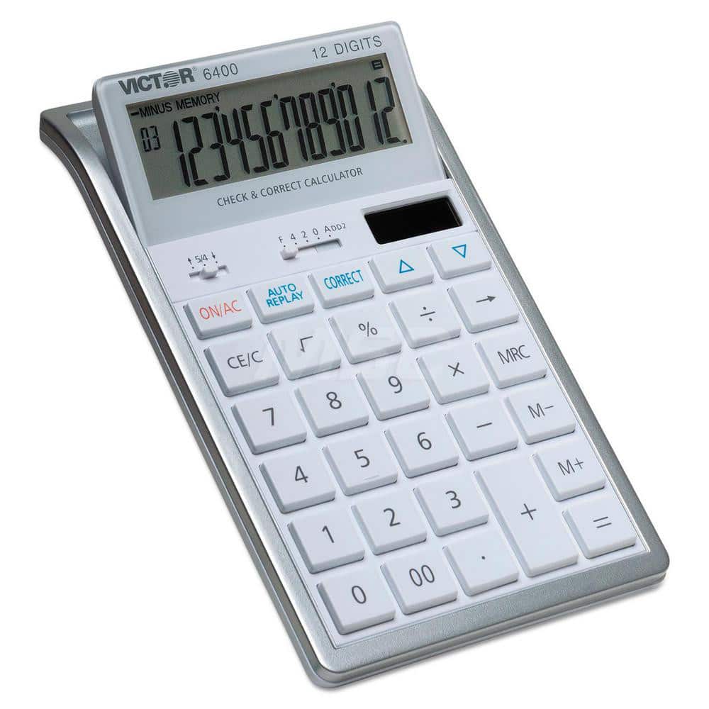 Victor - Calculators; Type: Desktop Calculator ; Type of Power: Solar/Battery ; Display Type: 12-Digit LCD ; Color: Silver; White ; Display Size: 21mm ; Width (Decimal Inch): 4.3000 - Exact Tooling