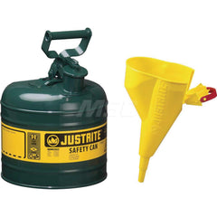 Justrite - Safety Dispensing Cans; Capacity: 2 Gal. ; Material: Steel ; Color: Green ; Height (Decimal Inch): 13.750000 ; Diameter/Length (mm): 9.50 ; Approval Listing/Regulations: FM Approved; UL; ULC; TUV - Exact Tooling