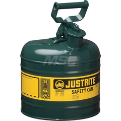 Justrite - Safety Dispensing Cans; Capacity: 2 Gal. ; Material: Steel ; Color: Green ; Height (Decimal Inch): 13.750000 ; Diameter/Length (mm): 9.50 ; Approval Listing/Regulations: FM Approved; UL; ULC; TUV - Exact Tooling