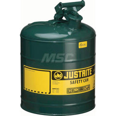 Justrite - Safety Dispensing Cans; Capacity: 5 Gal. ; Material: Steel ; Color: Green ; Height (Decimal Inch): 16.875000 ; Diameter/Length (mm): 11.75 ; Approval Listing/Regulations: FM Approved; UL; ULC; TUV - Exact Tooling