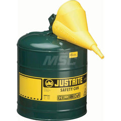 Justrite - Safety Dispensing Cans; Capacity: 5 Gal. ; Material: Steel ; Color: Green ; Height (Decimal Inch): 16.875000 ; Diameter/Length (mm): 11.75 ; Approval Listing/Regulations: FM Approved; UL; ULC; TUV - Exact Tooling