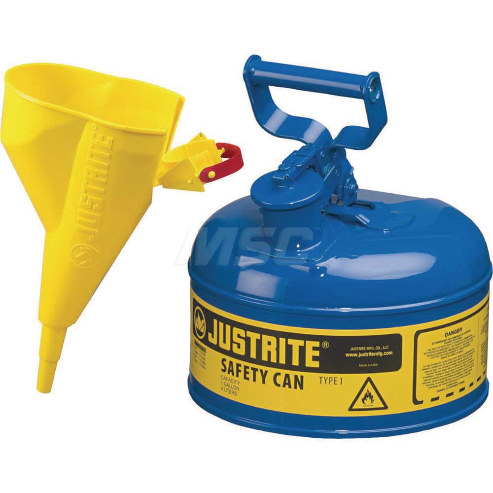 Justrite - Safety Dispensing Cans; Capacity: 1 Gal. ; Material: Steel ; Color: Blue ; Height (Decimal Inch): 11.000000 ; Diameter/Length (mm): 9.50 ; Approval Listing/Regulations: FM Approved; UL; ULC; TUV - Exact Tooling