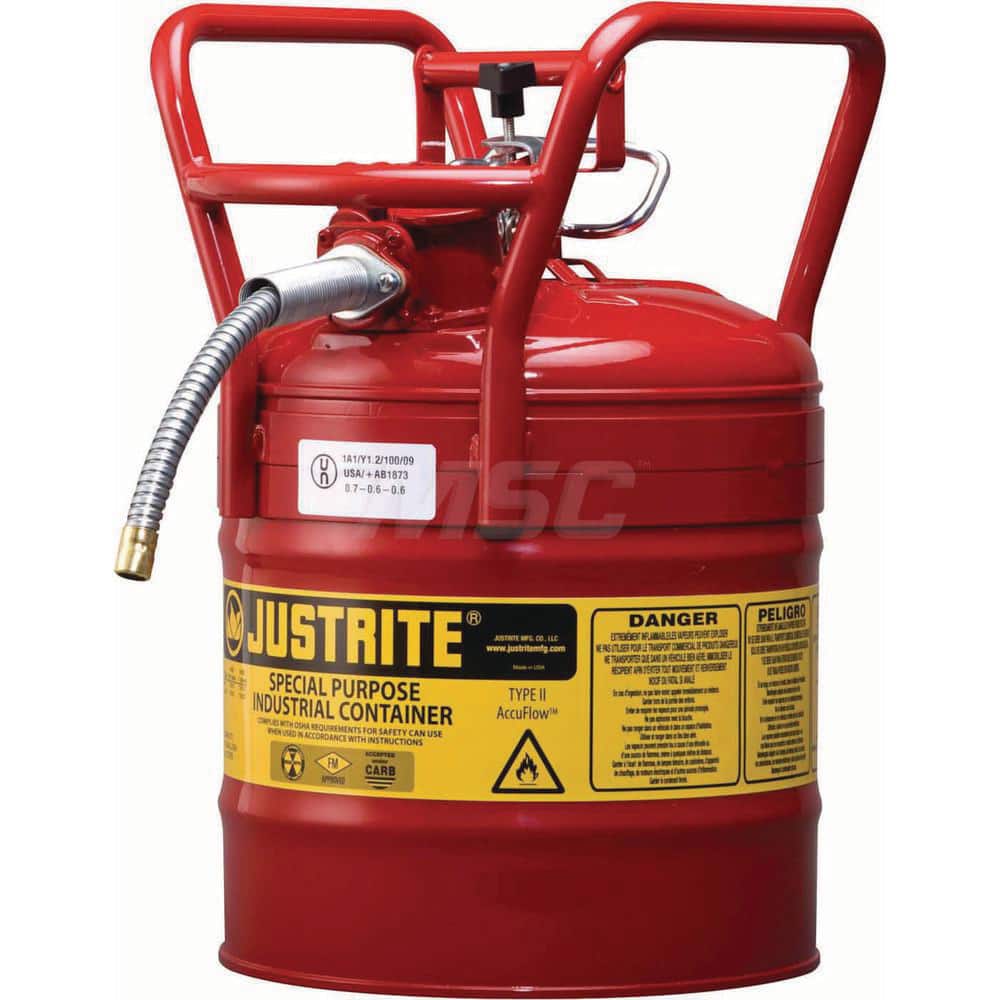 Justrite - Safety Dispensing Cans; Capacity: 5 Gal. ; Material: Steel ; Color: Red ; Height (Decimal Inch): 18.520000 ; Diameter/Length (mm): 11.75 ; Approval Listing/Regulations: FM Approved; DOT; UN - Exact Tooling