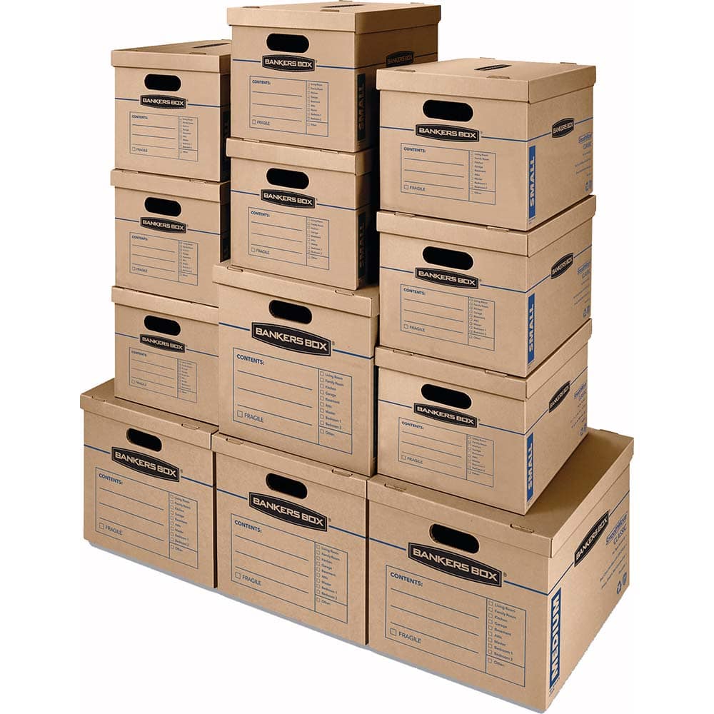BANKERS BOX - Moving & Box Kits; Kit Type: Moving Combo Pack ; Number of Boxes: 12 ; Total Number of Pieces: 12 ; Contents: (8) 15 x 12 x10"; (4) 18 x 15 x 14" ; Additional Information: Easy to Set Up; Carry Handles; Reusable & Recyclable - Exact Tooling