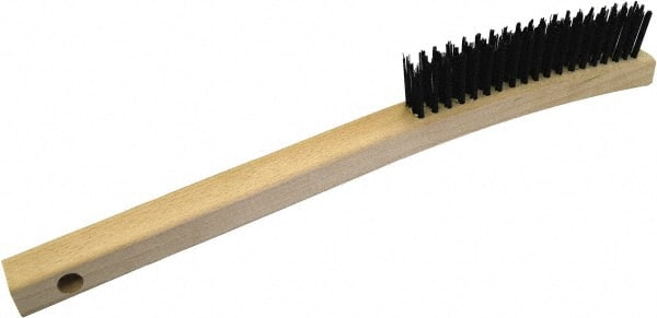 Gordon Brush - 3 Rows x 19 Columns Steel Scratch Brush - 5-3/4" Brush Length, 13-3/4" OAL, 1/8 Trim Length, Wood Curved Handle - Exact Tooling