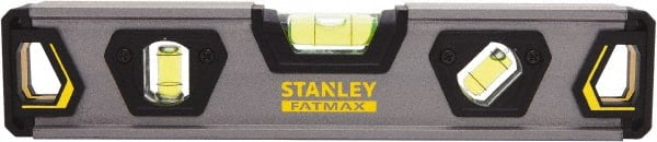Stanley - 9" Long 3 Vial Torpedo Level - Aluminum, Black/Silver/Yellow, 1 45°, 1 Level & 1 Plumb Vials - Exact Tooling