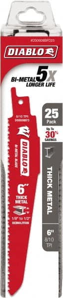 Freud - 6" Long x 1" Thick, Bi-Metal Reciprocating Saw Blade - Tapered Profile, 8 to 10 TPI, Toothed Edge, Tang Shank - Exact Tooling