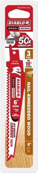 Freud - 6" Long x 1" Thick, Carbide Reciprocating Saw Blade - Tapered Profile, 6 TPI, Toothed Edge, Tang Shank - Exact Tooling