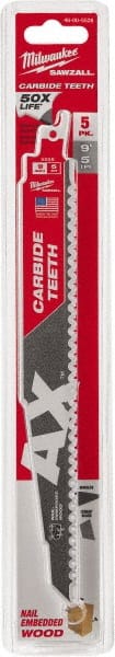Milwaukee Tool - 9" Long x 1" Thick, Carbide Reciprocating Saw Blade - Tapered Profile, 5 TPI, Toothed Edge, Universal Shank - Exact Tooling