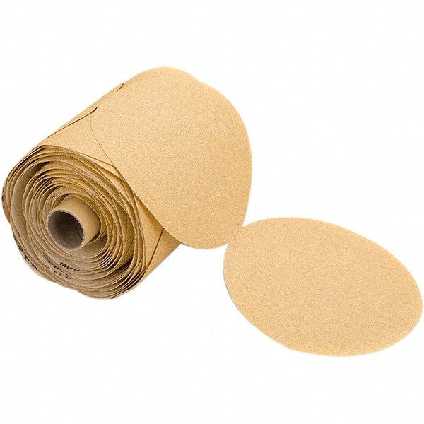 Mirka - 5" Diam, 600 Grit Aluminum Oxide Adhesive PSA Disc - Gold, C Weighted Backing, Flexible, 12,000 Max RPM, Use with Random Orbital Sanders - Exact Tooling