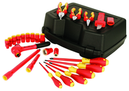 Insulated 3/8" Drive Metric Sockets 6.0 - 19.0mm; 2 Extension Bars; 3/8" Ratchet; Knife; Slotted & Phillips Drivers; 3 Pliers/Cutters in Storage Box. 24 Pieces - Exact Tooling