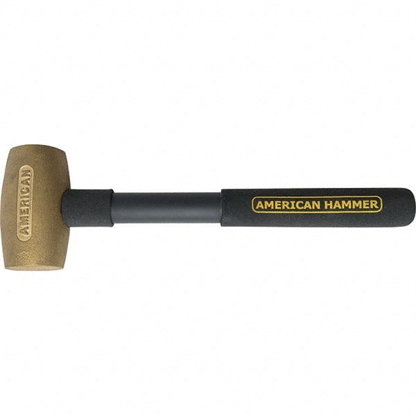 American Hammer - 3-1/2 Lb Brass Nonsparking Hammer - 14" OAL, 3-1/2" Head Length, 2" Face Diam, 14" Steel with Grip Handle - Exact Tooling