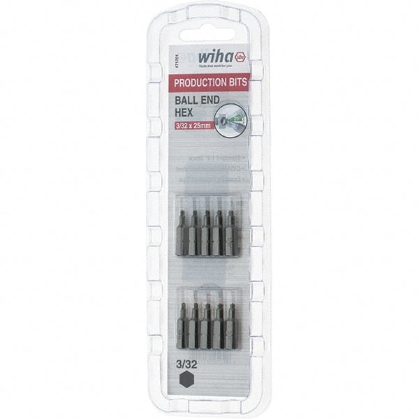 Wiha - 0.093" Ball End Hex Screwdriver Bit - 1/4" Drive, 1" OAL - Exact Tooling