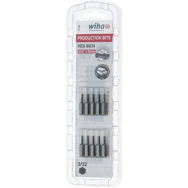 Wiha - 0.093" Hex Screwdriver Bit - 1/4" Drive, 1" OAL - Exact Tooling