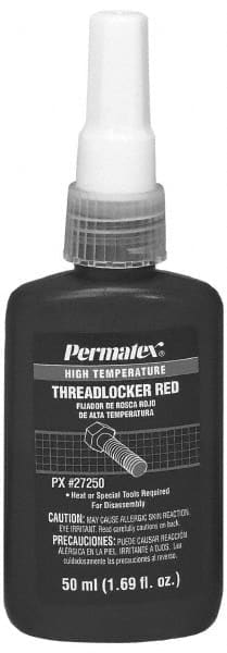 Permatex - 50 mL Bottle, Red, High Strength Liquid Threadlocker - Series 272, 24 hr Full Cure Time, Hand Tool, Heat Removal - Exact Tooling