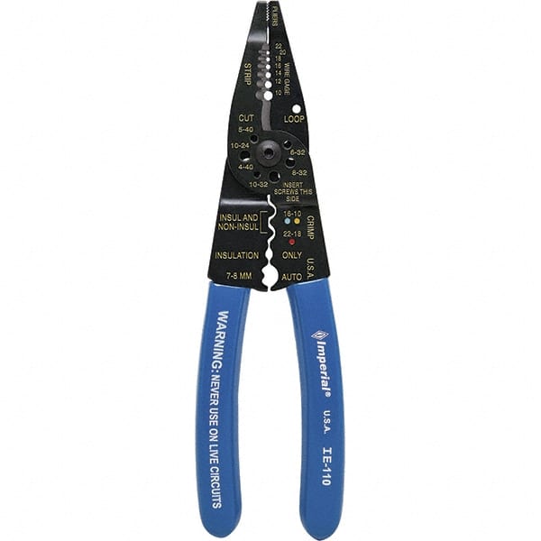 Imperial - 10 to 22 AWG Capacity Wire Stripper/Cutter/Crimper - 8-1/4" OAL, Hardened Steel with Cushion Grip Handle - Exact Tooling