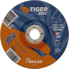 Weiler - 30 Grit, 9" Wheel Diam, 7/8" Arbor Hole, Type 27 Depressed Center Wheel - Hard Grade, Zirconia Alumina, T Hardness, 10,200 Max RPM - Exact Tooling