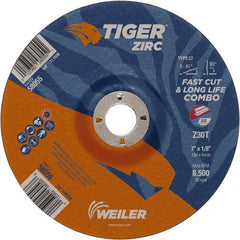 Weiler - 30 Grit, 7" Wheel Diam, 7/8" Arbor Hole, Type 27 Depressed Center Wheel - Hard Grade, Zirconia Alumina, T Hardness, 8,500 Max RPM - Exact Tooling