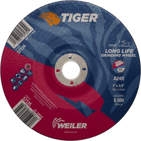 Weiler - 24 Grit, 7" Wheel Diam, 7/8" Arbor Hole, Type 28 Depressed Center Wheel - Medium Grade, Aluminum Oxide, R Hardness, 8,500 Max RPM - Exact Tooling