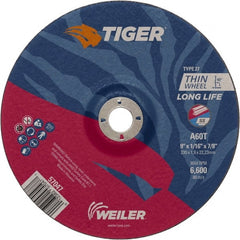 Weiler - 60 Grit, 9" Wheel Diam, 7/8" Arbor Hole, Type 27 Depressed Center Wheel - Hard Grade, Aluminum Oxide, T Hardness, 6,600 Max RPM - Exact Tooling