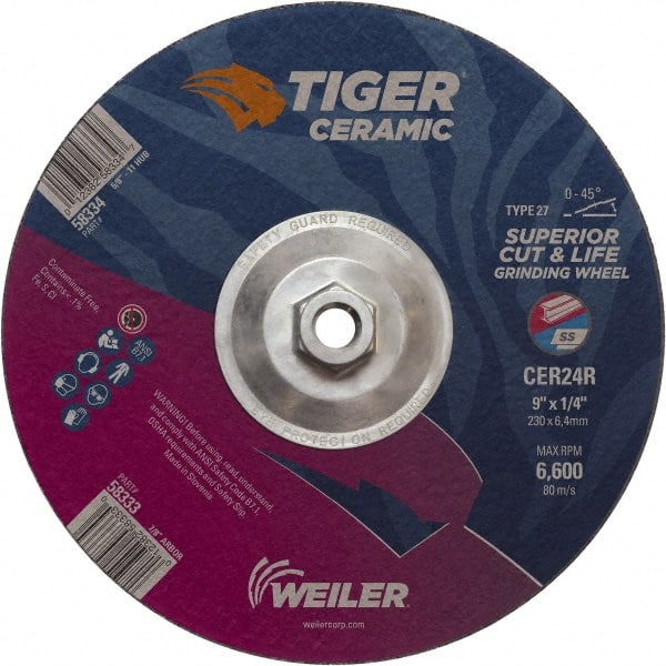 Weiler - 24 Grit, 9" Wheel Diam, Type 27 Depressed Center Wheel - Medium Grade, Ceramic, R Hardness, 6,600 Max RPM - Exact Tooling