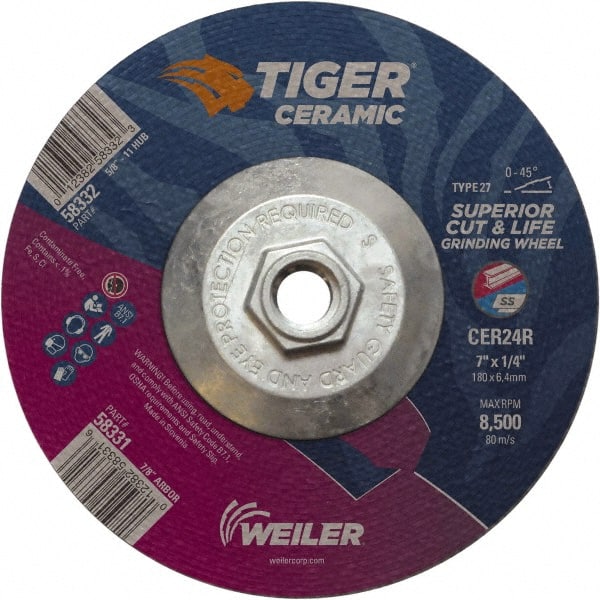 Weiler - 24 Grit, 7" Wheel Diam, Type 27 Depressed Center Wheel - Medium Grade, Ceramic, R Hardness, 8,500 Max RPM - Exact Tooling