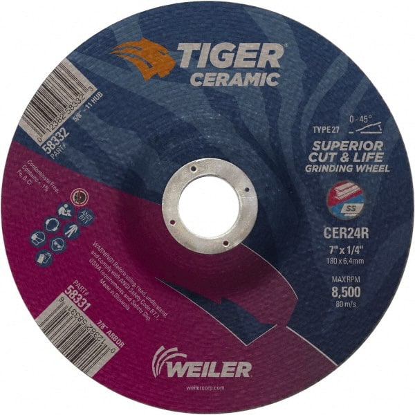 Weiler - 24 Grit, 7" Wheel Diam, 7/8" Arbor Hole, Type 27 Depressed Center Wheel - Medium Grade, Ceramic, R Hardness, 8,500 Max RPM - Exact Tooling