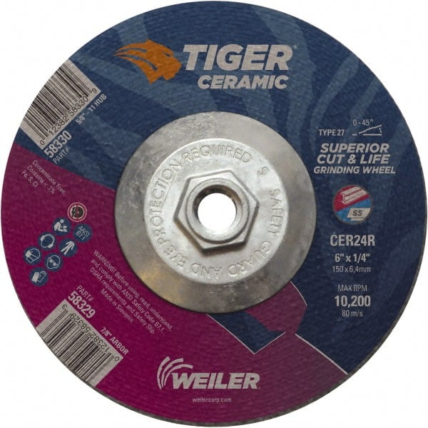 Weiler - 24 Grit, 6" Wheel Diam, Type 27 Depressed Center Wheel - Medium Grade, Ceramic, R Hardness, 10,200 Max RPM - Exact Tooling