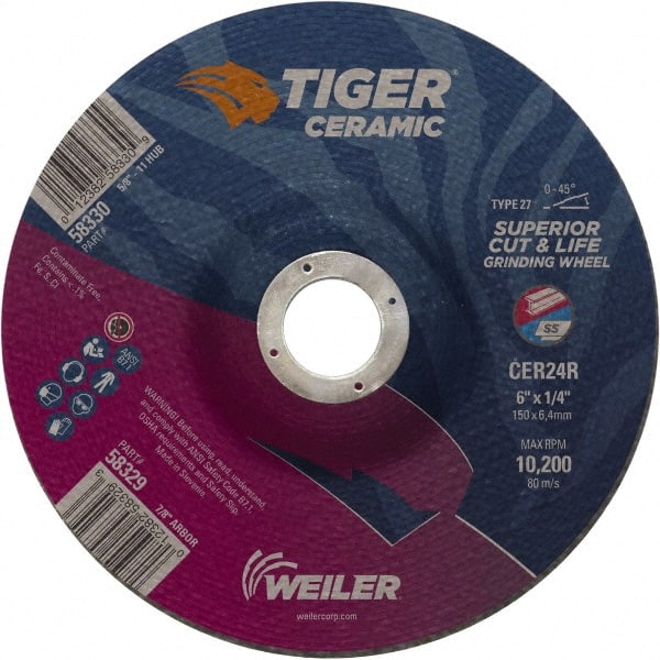 Weiler - 24 Grit, 6" Wheel Diam, 7/8" Arbor Hole, Type 27 Depressed Center Wheel - Medium Grade, Ceramic, R Hardness, 10,200 Max RPM - Exact Tooling