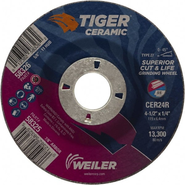 Weiler - 24 Grit, 4-1/2" Wheel Diam, 7/8" Arbor Hole, Type 27 Depressed Center Wheel - Medium Grade, Ceramic, R Hardness, 13,300 Max RPM - Exact Tooling