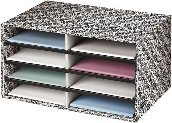 BANKERS BOX - 8 Compartments, 19-1/2" Wide x 10-1/4" High x 12-3/8" Deep, Literature Organizer - Corrugated Cardboard, White/Black - Exact Tooling