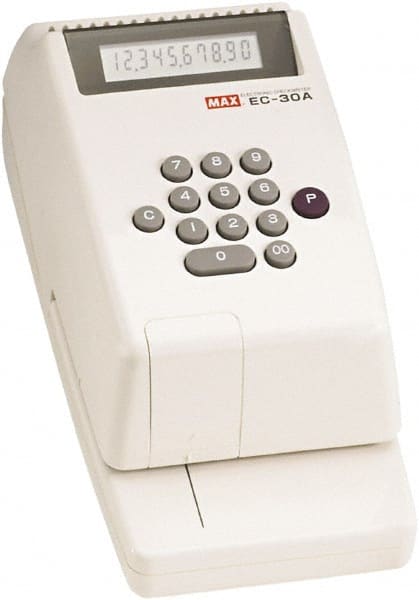 MAX - 4-3/8" Wide x 3-3/4" High x 9-1/8" Deep, Electronic Check Writer - Plastic, White - Exact Tooling