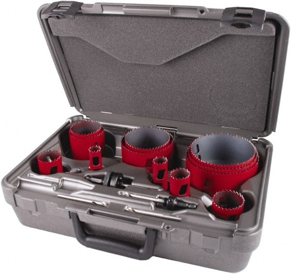 M.K. MORSE - 16 Piece, 3/4" to 4-1/2" Saw Diam, Plumber's Hole Saw Kit - Bi-Metal, Toothed Edge, Pilot Drill Model No. MAPD301, Includes 5 Hole Saws - Exact Tooling