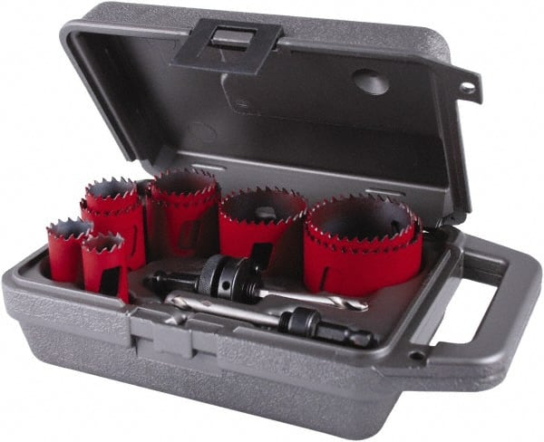 M.K. MORSE - 11 Piece, 3/4" to 2-1/2" Saw Diam, General Purpose Hole Saw Kit - Bi-Metal, Toothed Edge, Pilot Drill Model No. MAPD301, Includes 3 Hole Saws - Exact Tooling