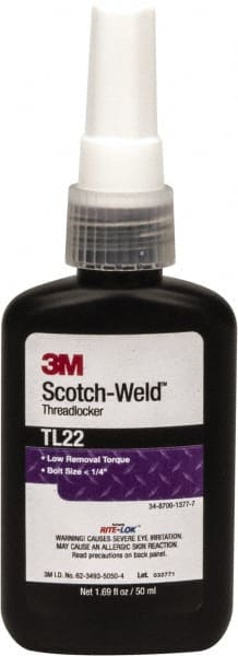 3M - 50 mL Bottle, Purple, Low Strength Liquid Threadlocker - Series TL22, 24 hr Full Cure Time, Hand Tool Removal - Exact Tooling
