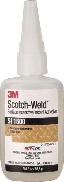 3M - 2 oz Bottle Clear Instant Adhesive - Series SI1500, 5 to 60 sec Working Time, 24 hr Full Cure Time, Bonds to Cardboard, Ceramic, Fabric, Fiberglass, Foam, Glass, Leather, Metal, Paper, Plastic, Rubber, Vinyl & Wood - Exact Tooling
