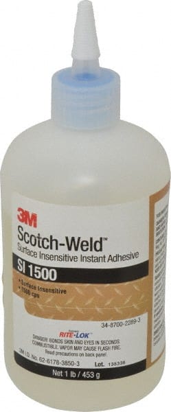 3M - 1 Lb Bottle Clear Instant Adhesive - Series SI1500, 5 to 60 sec Working Time, 24 hr Full Cure Time, Bonds to Cardboard, Ceramic, Fabric, Fiberglass, Foam, Glass, Leather, Metal, Paper, Plastic, Rubber, Vinyl & Wood - Exact Tooling