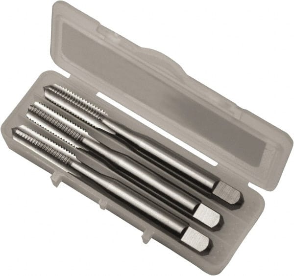 Vermont Tap & Die - #8-32 UNC, 4 Flute, Bottoming, Plug & Taper, Bright Finish, High Speed Steel Tap Set - Left Hand Cut, 53.98mm OAL, 3/4" Thread Length, Series 3105L - Exact Tooling