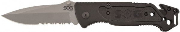 SOG Specialty Knives - 3-13/32" Blade, 8.2" OAL, Partially Serrated Clip Point Folding Knife - 4.8" Closed Length, Plastic, 1 Blade, 1 Edge - Exact Tooling