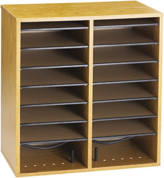 Safco - 19-1/2" Wide x 21" High x 11-3/4" Deep Laminated Compressed Wood Document Organizer - 16 Compartments, Medium Oak, 9" Wide x 2-1/4" High x 11-1/2" Deep Compartment - Exact Tooling