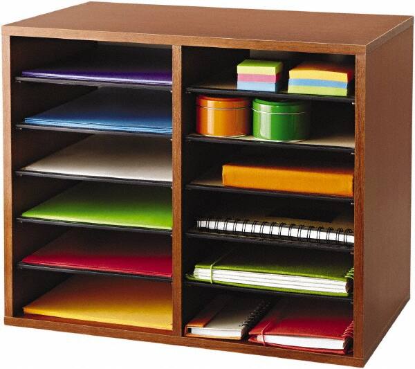 Safco - 19-1/2" Wide x 16" High x 12" Deep Fiberboard, Hardboard & Laminated Compressed Wood Document Organizer - 12 Compartments, Cherry, 9" Wide x 2-3/8" High x 11-1/2" Deep Compartment - Exact Tooling